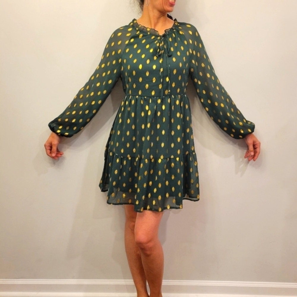Kirundo Long Sleeve Dark Green Dress with Gold Polkadots Tie Neck Mini Dress
